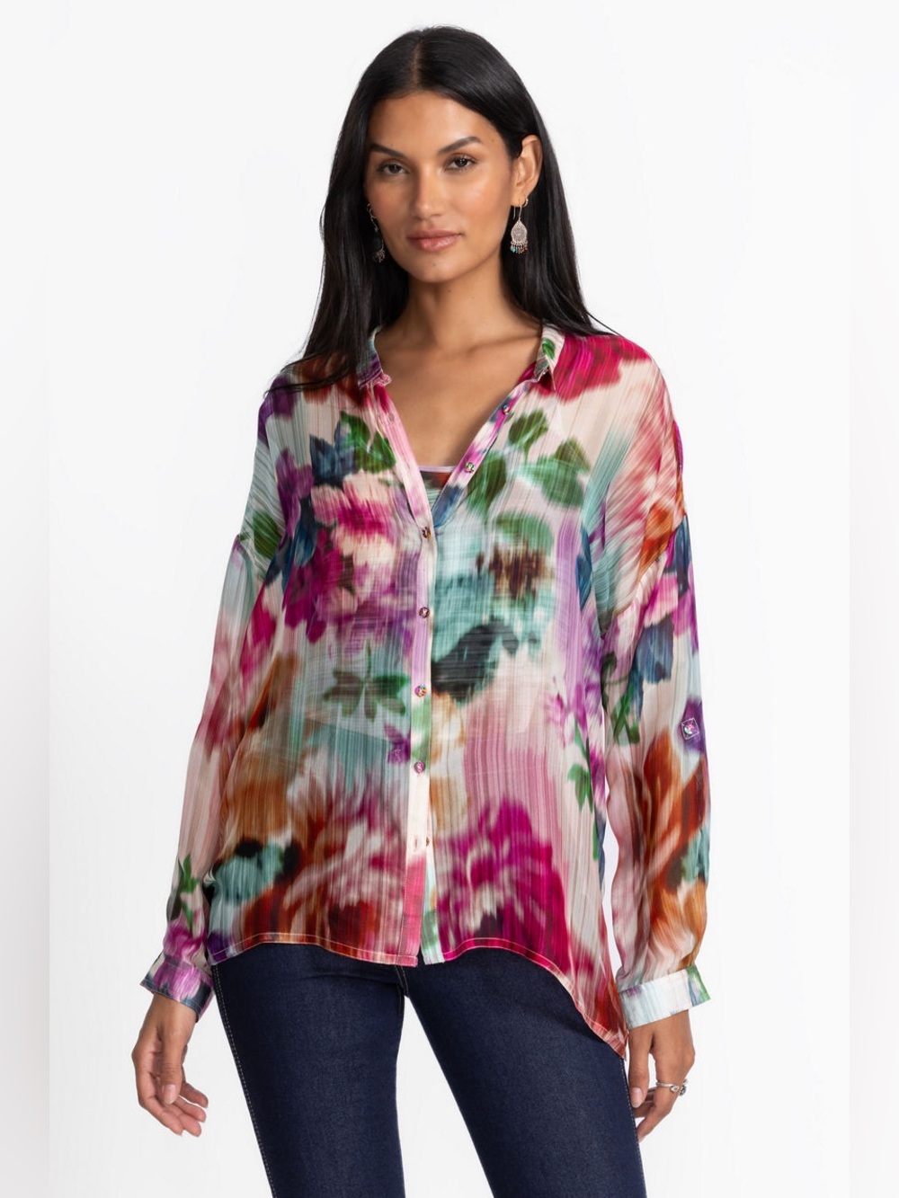 Johnny Was Audrey Oversized Shirt Blouse Multicolor Floral Silk Button Down M